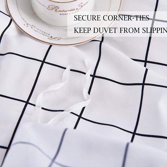 Twin Size Duvet Cover Set, White Plaid Microfiber Down Quilt Bedding Cover with Zip Ties, 2 Piece - 68x90 inch XL Extra Long