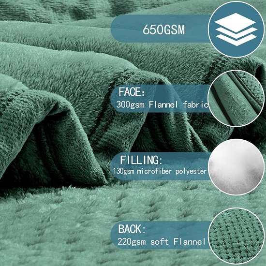 Luxury 3 Layers Fleece Throw Blanket,Thick Decorative Warm Blanket Twin Size 50" x 60", Soft Velvet Winter Blanket for Sofa Couch Bed,Washable & Breathable,Green