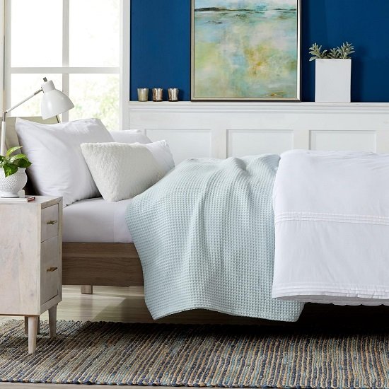 100% Cotton Waffle Weave Bed Blanket | Soft, Breathable, and Lightweight Blanket for All-Season (Full/Queen, ICY Blue)