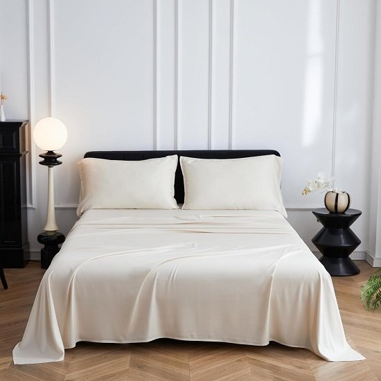 100% Viscose from Bamboo Sheet Set 4Pcs Cooling Soft Breathable Rayon Bed Sheets,Luxury Silky Feel Bedding(1 Flat Sheet 1 Fitted Sheet 1 Pillowcase)-Beige,Twin