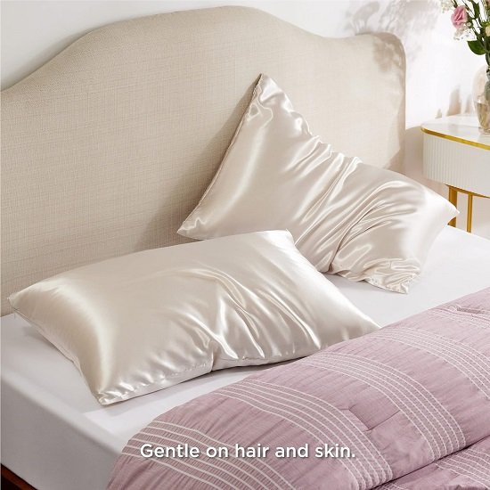 Satin Pillowcase for Hair - Beige Satin Pillow Cases Standard Size with Zipper 2 Pack,  Silky & Soft Pillow Covers, 20x26 Inches