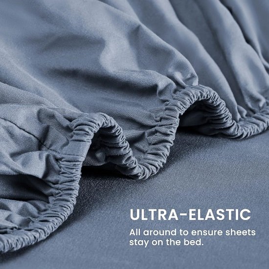 Super Soft Cooling Queen Bed Sheets Set 4 Piece - Easy Care Fitted Flat Sheet & Pillowcase Sets - Wrinkle Free, Fade Resistant, Deep Pocket 16" (Flint Blue, Queen)